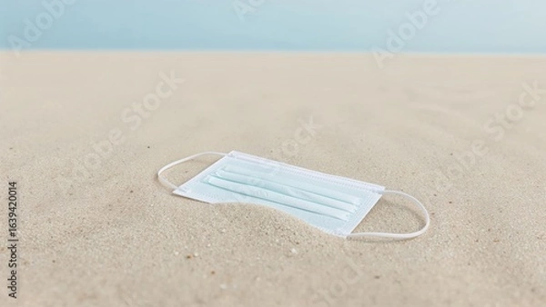 Fototapeta Protective face mask lying on a sandy shore
