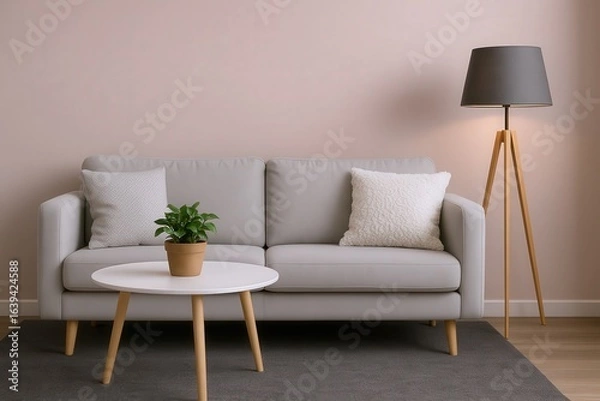 Obraz Modern Living Room Scene Featuring a Gray Sofa, White Coffee Table with a Potted Plant, and a Wooden Tripod Floor Lamp