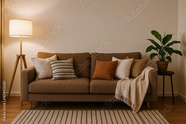 Fototapeta Cozy Living Room Scene Featuring a Brown Sofa with Cushions, a Floor Lamp, and a Potted Plant, Evoking Warmth and Comfort