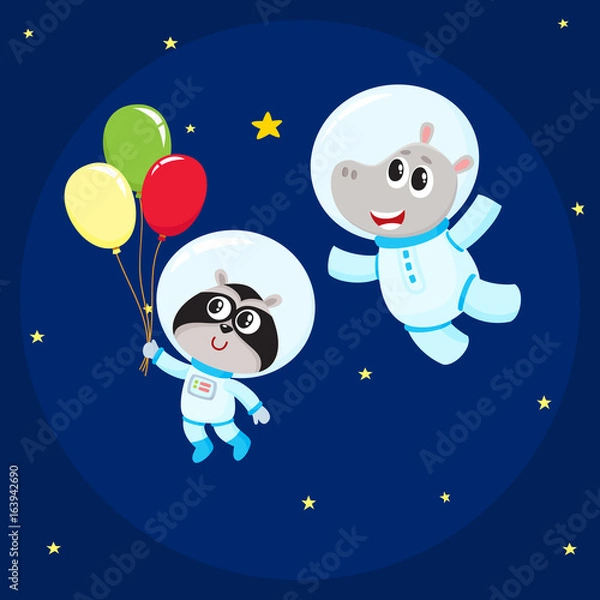 Fototapeta Cute little animal astronaut, spaceman characters, hippo and raccoon wearing spacesuits, flying in open space, cartoon vector illustration. Hippo and raccoon astronaut, spaceman characters in space