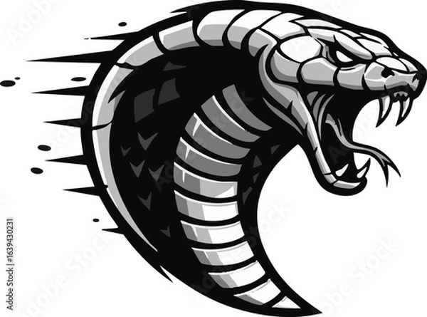 Fototapeta An aggressive cobra mascot with bared fangs lunges forward in a dynamic black and white graphic.