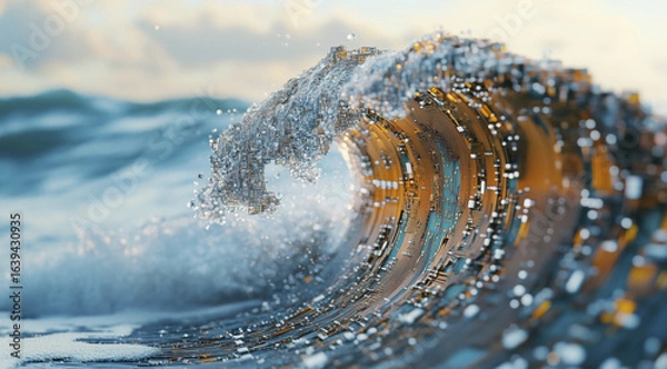 Fototapeta Digital wave made of circuit boards rises in ocean, blending technology with nature. intricate design of wave crest showcases fusion of electronic components and water