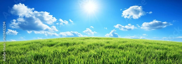 Fototapeta Vibrant spring landscape features lush green grassy field under bright blue sky with fluffy white clouds, evoking sense of tranquility and renewal