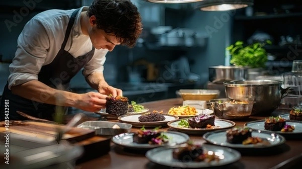 Fototapeta gourmet plating, professional chef at work, luxury fine dining, modern restaurant kitchen, artistic food presentation, culinary craftsmanship, chef preparing high-end meal, food styling inspiration, 