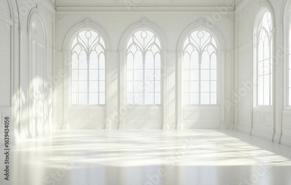 Fototapeta Bright, minimal white interior with large arched windows and intricate detailing creates elegant and serene atmosphere. Sunlight streams through, casting soft shadows on floor