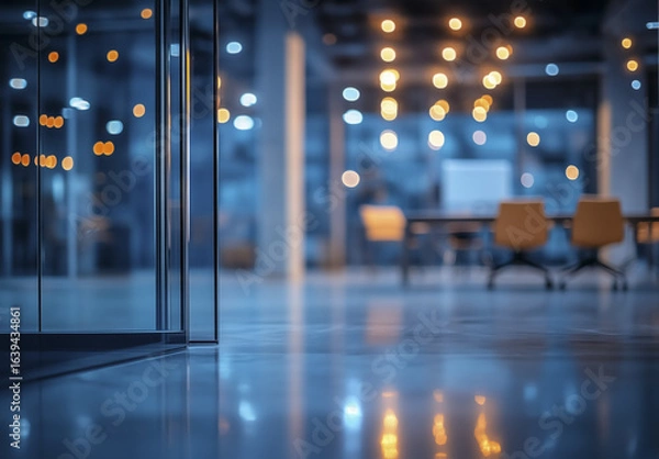 Fototapeta Modern office interior with blurred background features warm lighting and sleek furniture, creating professional and inviting atmosphere. glass walls add touch of elegance
