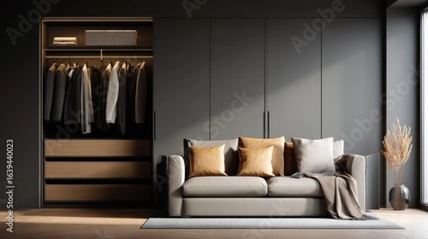 Fototapeta Neutral toned modern closet & seating arrangement featuring warm lighting and minimalist decor