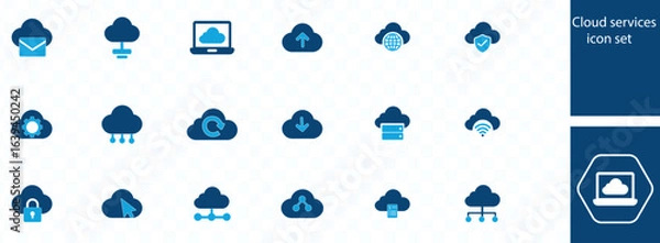 Obraz Cloud services icon set. Cloud computing, storage, hosting, sync, data transfer, cloud server, network, online, SAAS, digital and more.