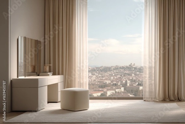 Fototapeta Minimalist room with vanity, curtains, ottoman, and city view through large window