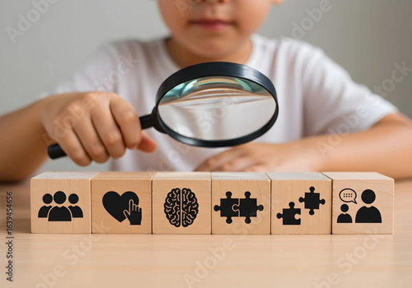 Fototapeta ssessing soft skills and human potential. A child analyzes icons for teamwork, empathy, and problem-solving on wooden blocks. A concept for talent development and emotional intelligence.
