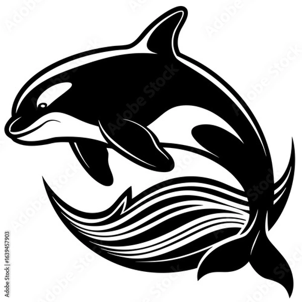Fototapeta Black and white vector illustration of an orca whale jumping out of the water, isolated on white background, perfect for prints and decorations, marine wildlife