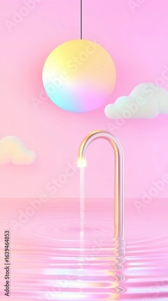 Fototapeta Flowing Tap Beneath a Vibrant Hanging Sphere against Soft Pink Clouds