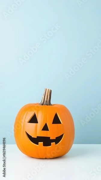 Fototapeta Pumpkin with Distinctive Face Set Against a Soft Blue Background
