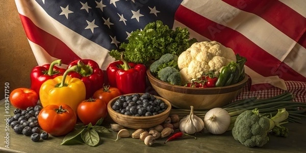 Obraz Fresh vegetables and fruits arranged with an american flag in the background