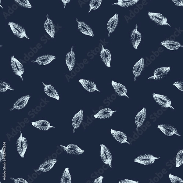 Fototapeta Hand drawned seamless watercolor pattern. Abstract watercolor pattern with leaves in white and dark blue. Seamless pattern with watercolor leaves on dark blue background.