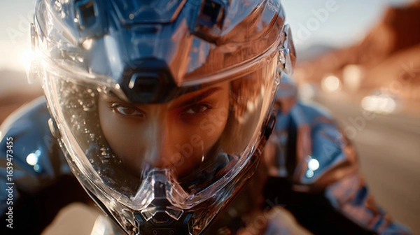 Fototapeta Female motorcyclist in futuristic helmet riding on open road with desert landscape in background