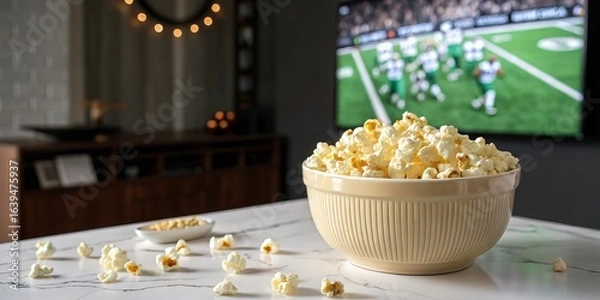 Fototapeta Bowl of popcorn on a table with a football game on tv in background