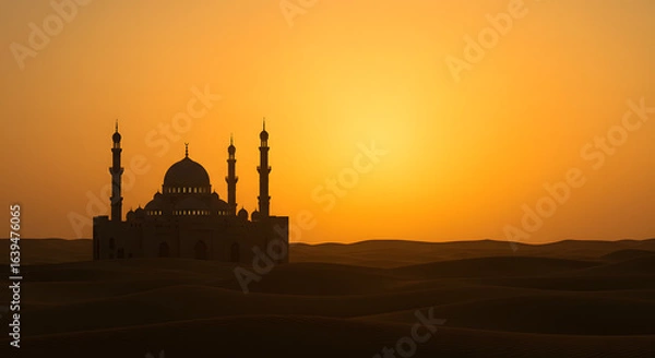 Fototapeta Isolated mosque in golden desert at dusk