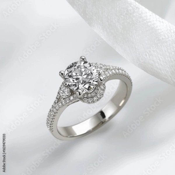 Fototapeta An elegant ring with an oval golden yellow citrine stone surrounded by small diamonds. Glamorous and luxurious design.
