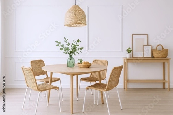 Fototapeta Modern Dining Room Setup Featuring Natural Wicker Chairs and Light Wood Furniture with Greenery and Artwork