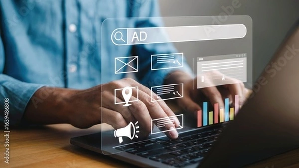 Fototapeta Person using laptop with digital marketing interface, advertising and SEO concept, online business