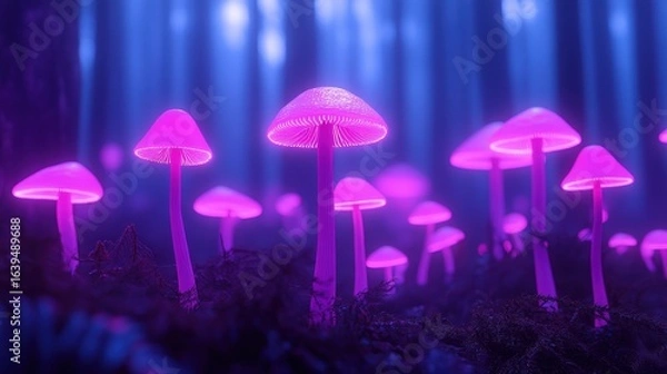 Fototapeta Enchanted Forest of Glowing Mushrooms in Ethereal Night Light