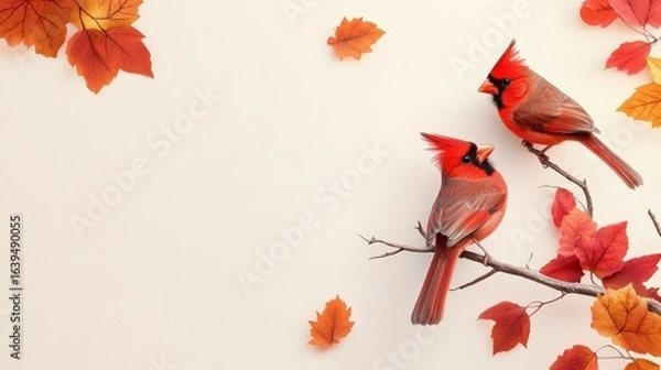 Fototapeta Two Vibrant Cardinals Perched on Branch Surrounded by Autumn Leaves