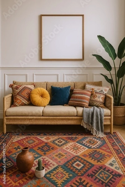 Fototapeta Cozy Living Room Scene Featuring a Wicker Sofa Adorned with Colorful Geometric Patterned Cushions and a Textured Blanket