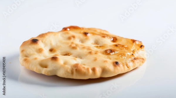 Fototapeta Bannock - A type of flatbread, can be fried or baked on cyan saucer with gold edges, high-key lighting, food photography style, white background