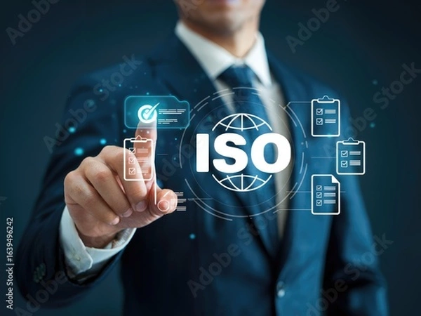 Fototapeta Business professional confirming ISO certification compliance with digital interface, modern concept