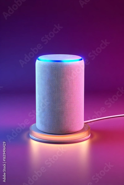 Fototapeta A round smart speaker stands on a glowing base, emitting a blue light ring at its top and casting colorful shadows.