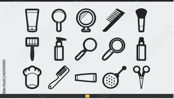 Fototapeta Collection of various beauty and grooming tools including brushes mirrors and containers in black outline |  editable eps vectors silhouette