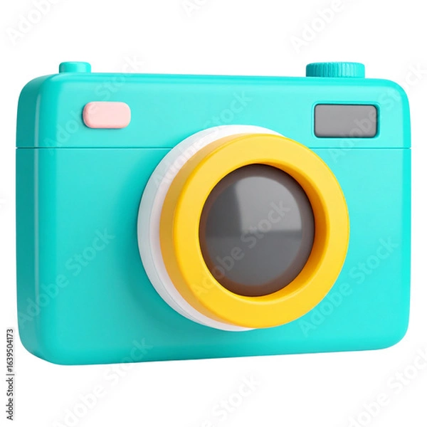 Fototapeta Brightly colored teal toy camera with yellow lens ring and white background isolated on white background