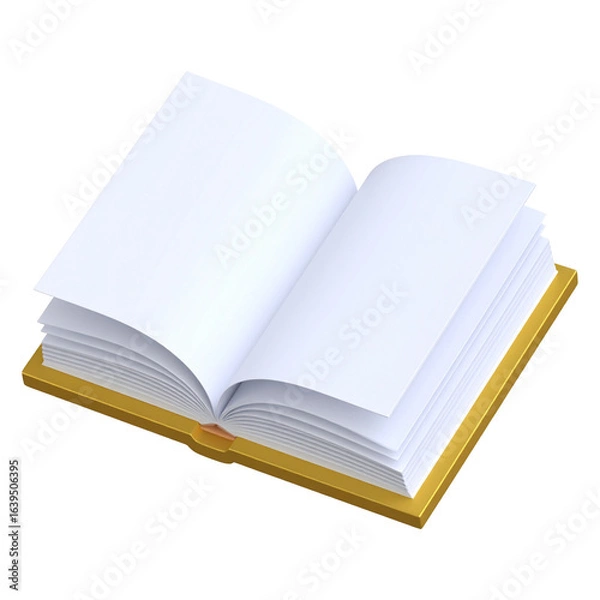Fototapeta An open blank book with yellow cover pages showing blank white paper isolated on white background