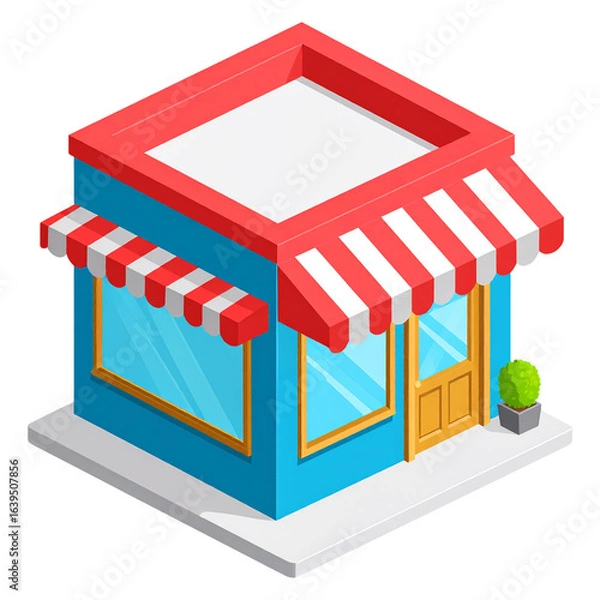 Fototapeta Brightly colored isometric small business storefront building with red awning and blue walls isolated on white background