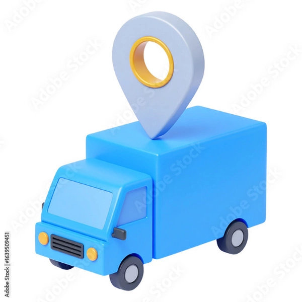 Fototapeta Bright blue delivery truck with a large location pin on top isolated on white background