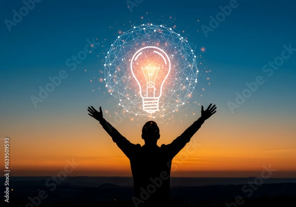 Fototapeta Person celebrating a new idea with a glowing lightbulb and network icon. A concept for discovery, creative thinking, problem-solving, and a successful eureka moment.
