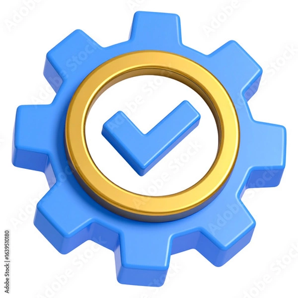 Fototapeta Blue gear with golden ring and blue checkmark symbol indicating success or completion isolated on white background