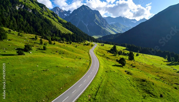 Obraz Winding road with alpine valley, and summer.