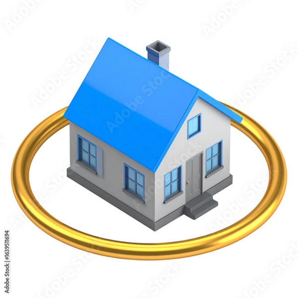 Fototapeta Stylized 3d rendering of a house with a blue roof encircled by a golden ring isolated on white background