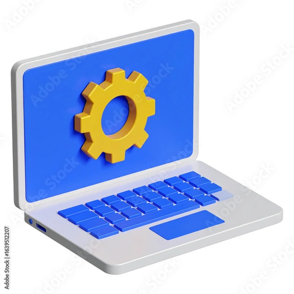 Fototapeta Modern 3d rendered laptop displaying a yellow gear symbol on a blue screen isolated on white background