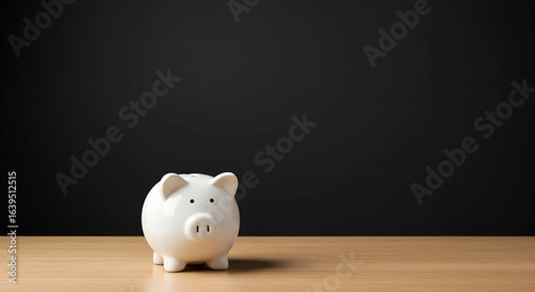 Fototapeta White piggy bank on a wooden table. A classic piggy bank sits against a dark background, symbolizing savings, investment, and financial planning, with ample copy space for text.