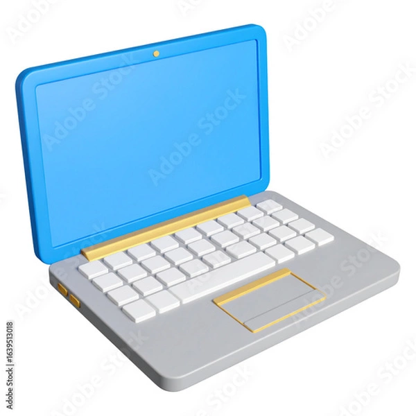 Fototapeta A bright blue and gray open laptop computer with a white keyboard and touchpad isolated on white background