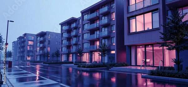 Fototapeta Modern apartment buildings reflecting on wet pavement during a calm evening.