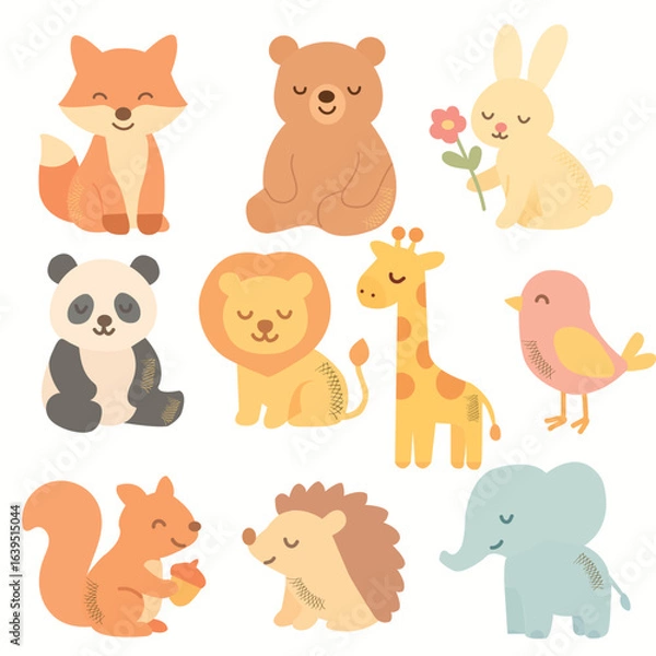 Fototapeta Colorful Cartoon Animals Collection Featuring Fox, Bear, Rabbit, Panda, Lion, Giraffe, Bird, Squirrel, Hedgehog, and Elephant