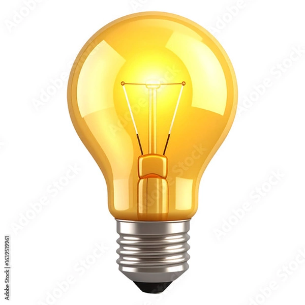 Fototapeta Bright glowing incandescent light bulb illuminated with a warm yellow light isolated on white background