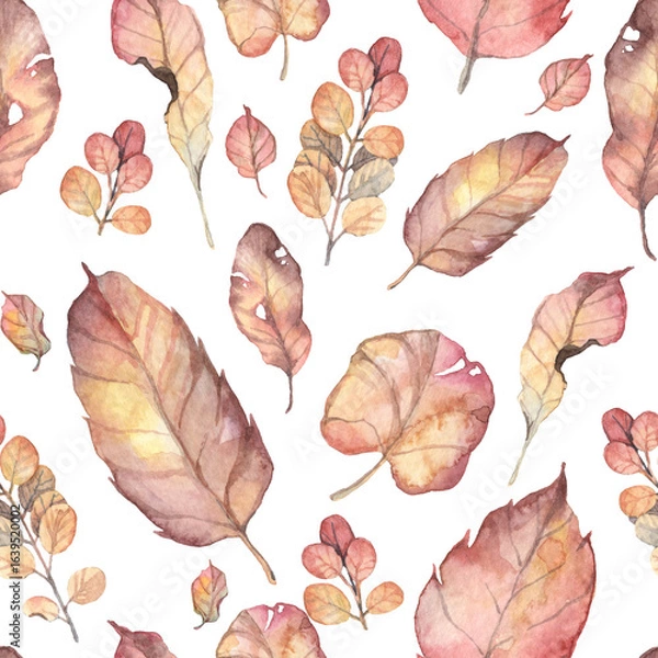Fototapeta Square seamless pattern with realistic autumn herbarium leaves - detailed watercolor botanical wallpapers and wrapping paper design. Hand painted various leaves and twigs, withered golden colored