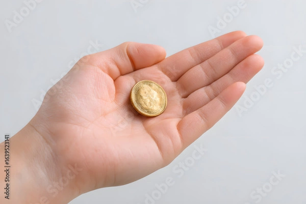 Fototapeta Close-up of a human hand holding a shiny golden coin on a light background, symbolizing wealth, investment, savings, and financial success.