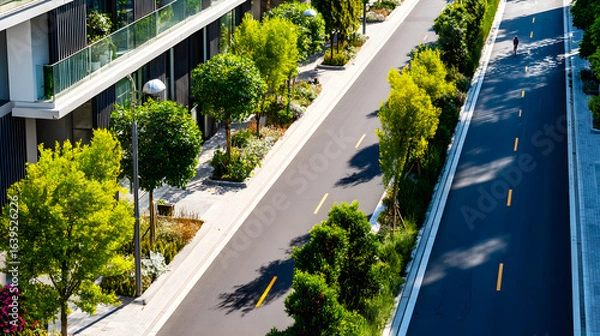 Fototapeta Modern Urban Street with Lush Green Trees and Scenic Architecture