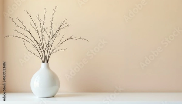 Fototapeta Minimalist vase with branches on white shelf against soft pastel background
